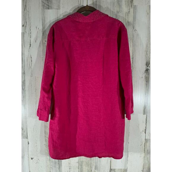 Chicos Blouse Top Size 2 or Large Pink Fuchsia 100% Linen Beaded Collar Chest - Picture 2 of 8
